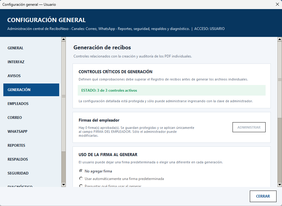 Configuración general real de ReciboNexo