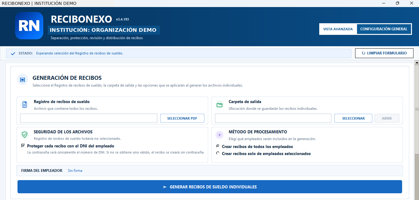 Pantalla principal real de ReciboNexo, con datos de demostración