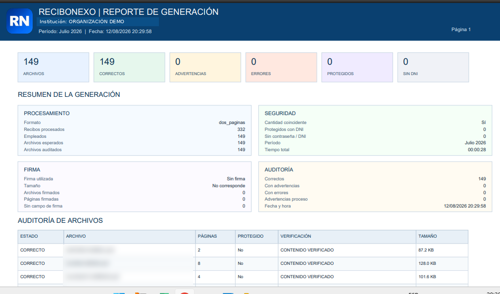 Reporte real de generación de ReciboNexo con datos anonimizados